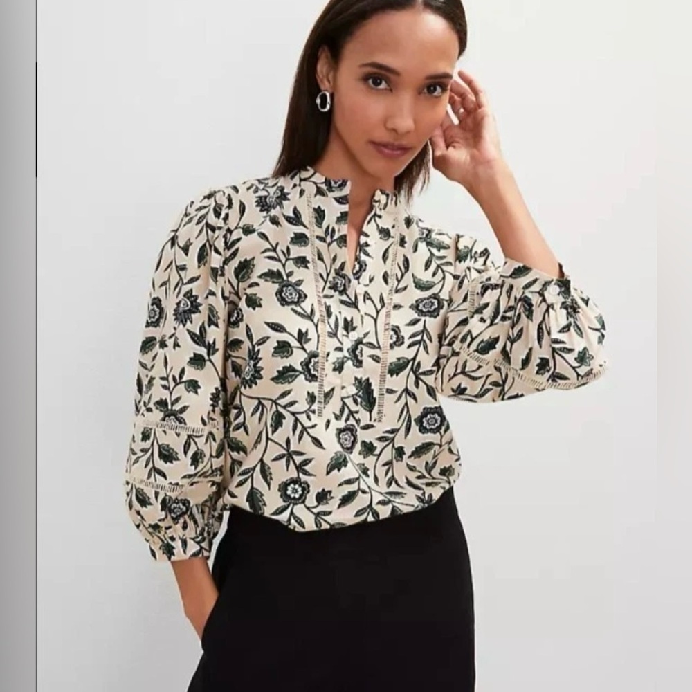 Ann Taylor Cream and Black Floral Blouse